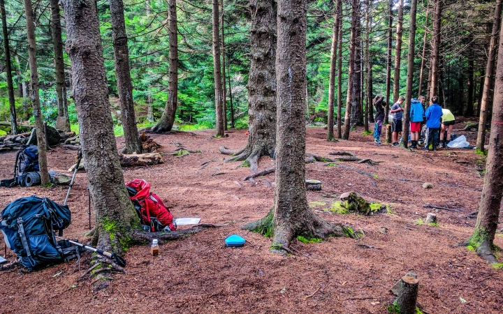 A group of young people huddle together in a wooded area. Their backpacks rest on the ground in the foreground. 